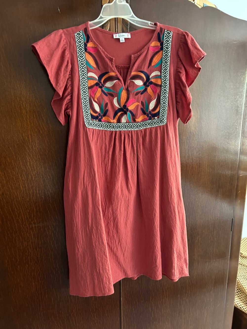 Embroidered Rust Mini Dress with Flutter Sleeves
